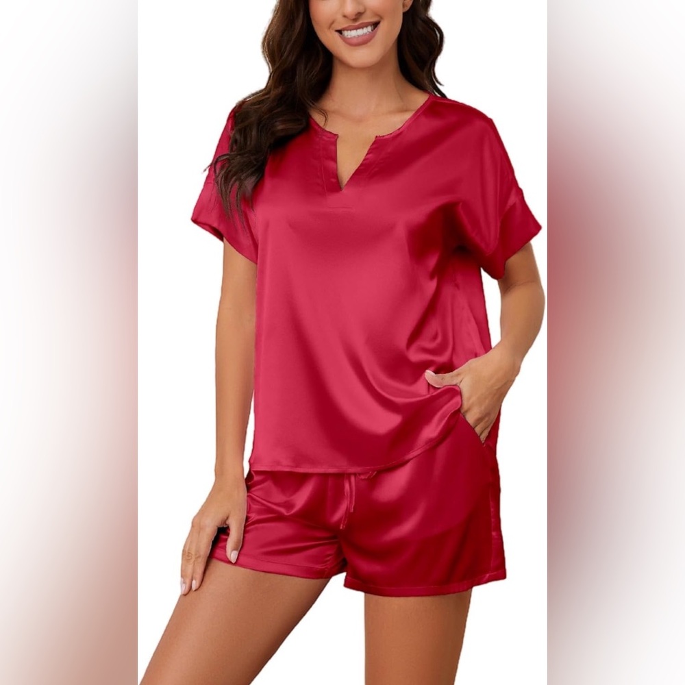 Satin Pajamas for Women 2 Piece V Neck Loose Short Sleeve Shirt (M)
